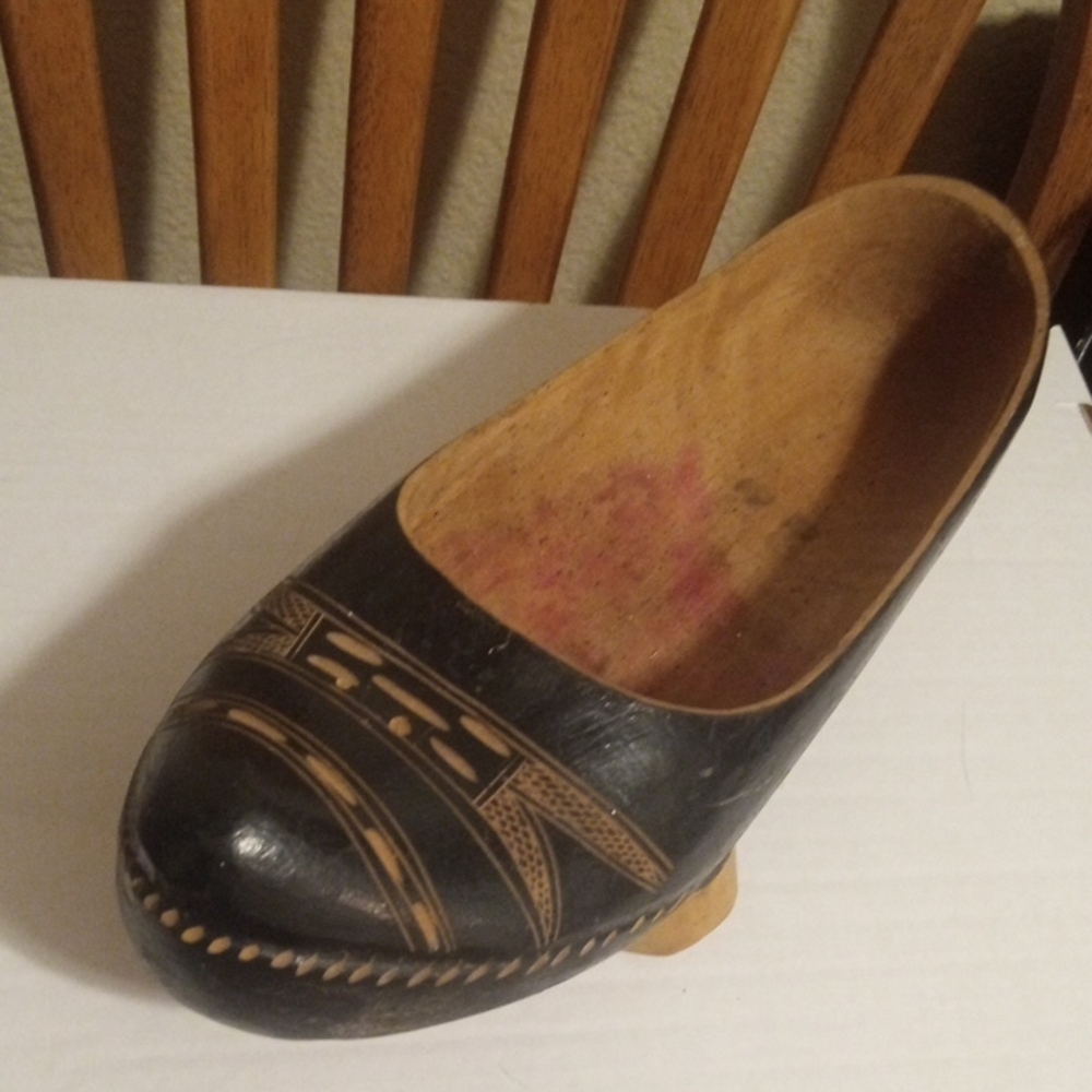 Artisan Black and Brown Wooden Clog Sculpture